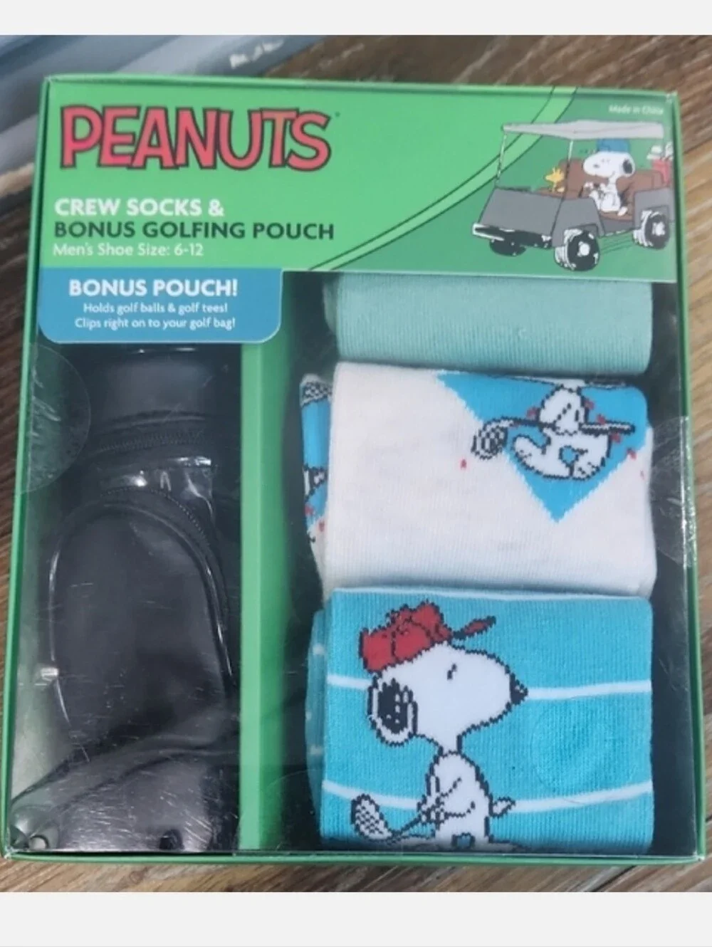 NIB Peanuts Crew Socks & Golfing Pouch Bag Blue Clear Black White